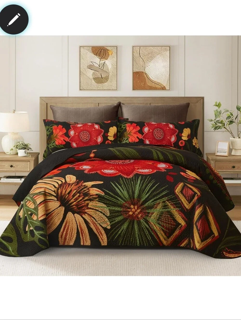 Floral Quilt King  Boho Tan Black and Red